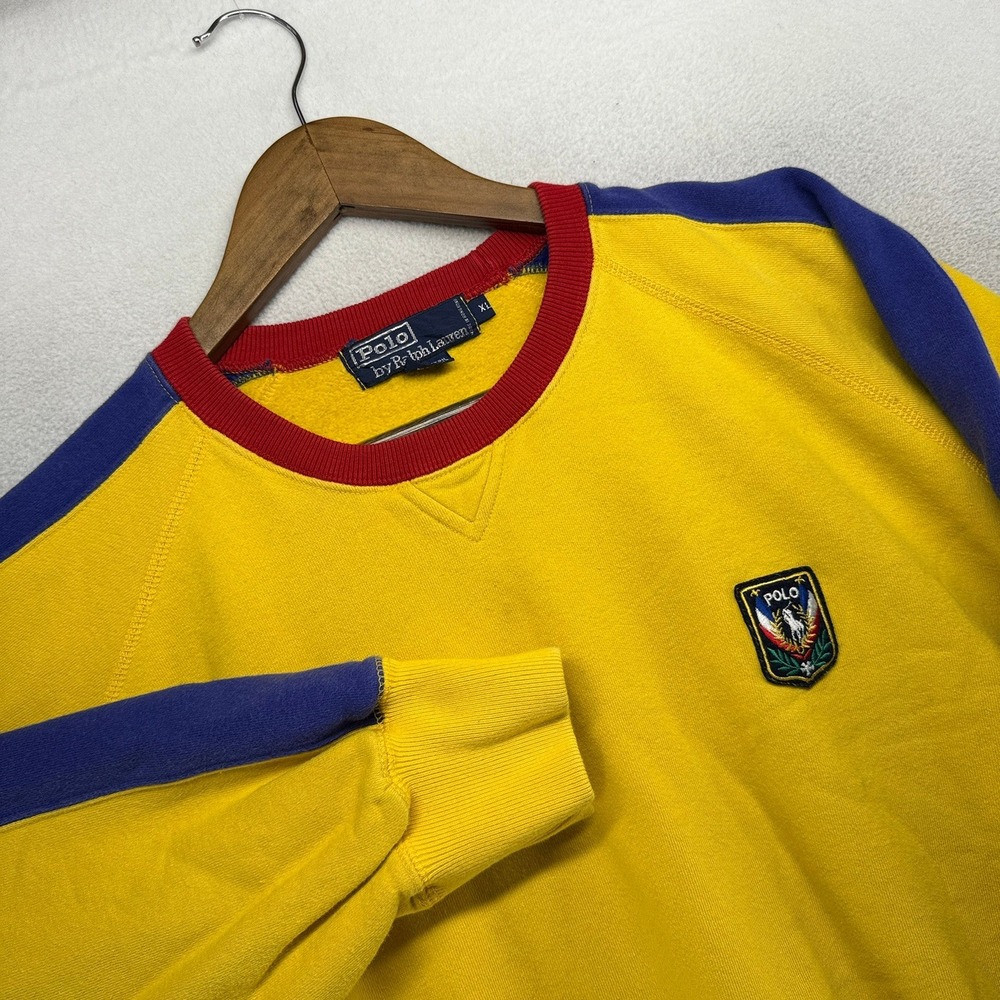 Vintage Ralph Lauren Sweatshirt Mens XL Yellow Blue Unicrest Colorblock Logo 90s